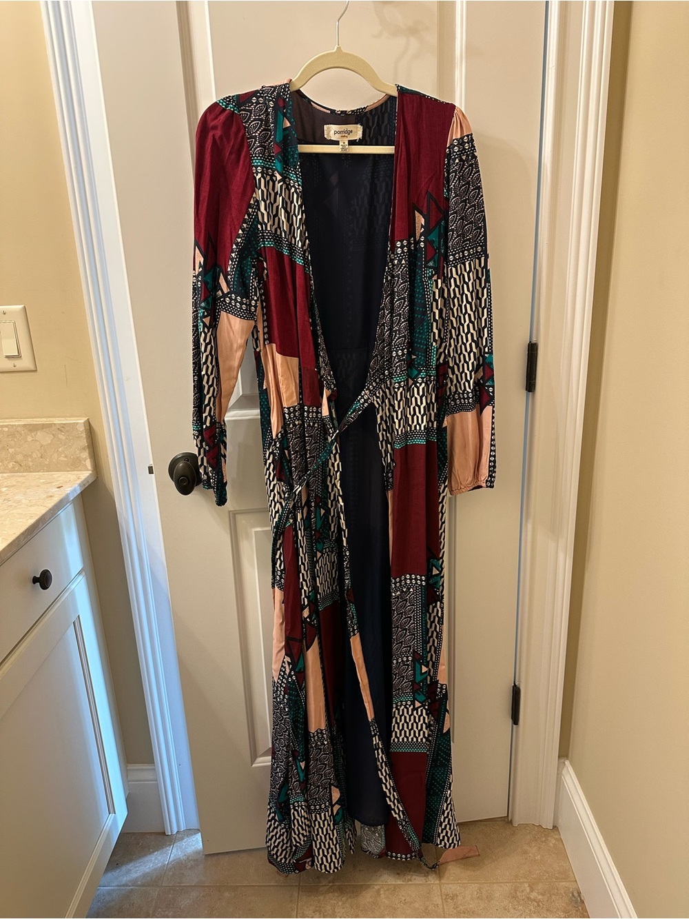 Printed Long Maxi Dress - Burgundy, Teal & Peach